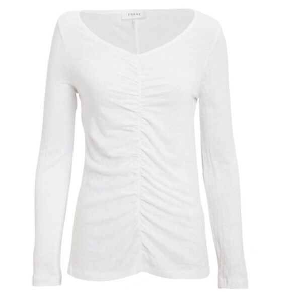 Frame White Linen Shirred Long Sleeve Ruched Front T-Shirt Size M - Picture 1 of 10